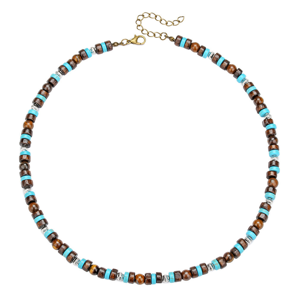 Personalized Geometric Handmade Turquoise and Wood Bead Necklace for Men and Women