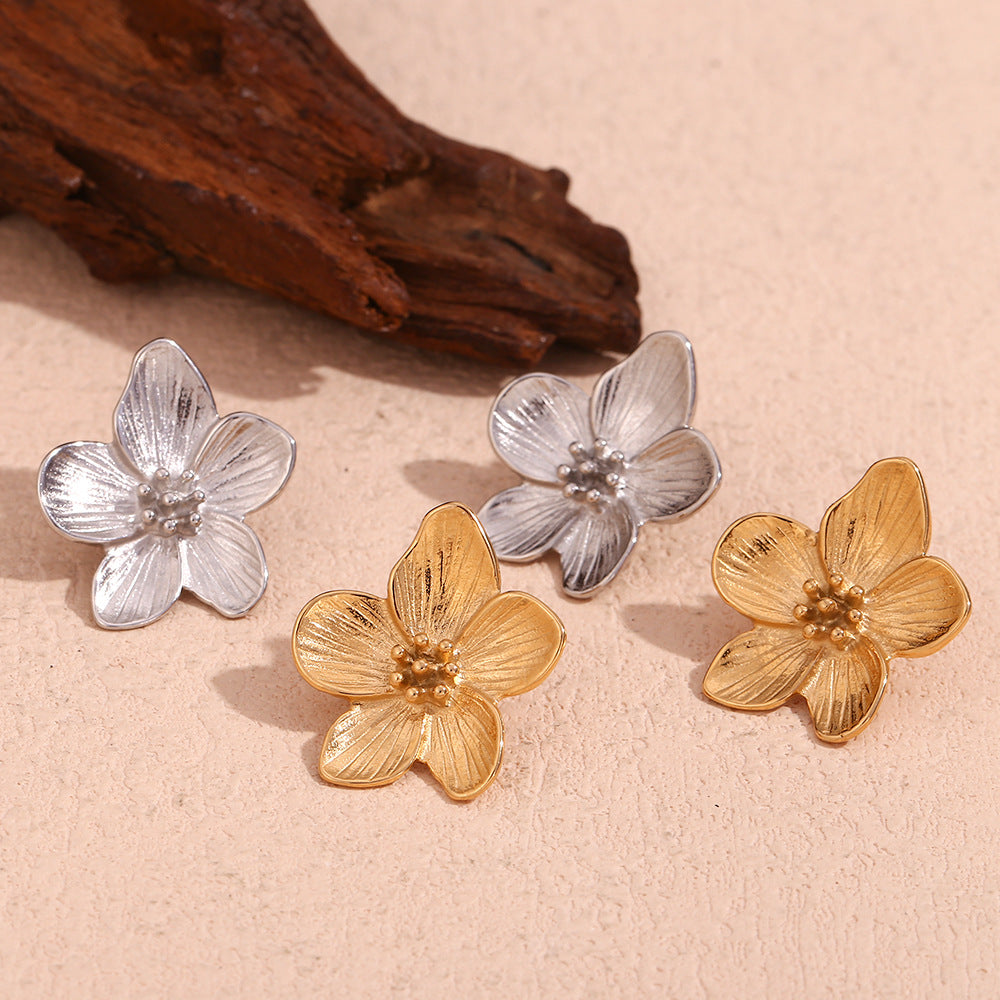 Vintage Floral Stainless Steel Earrings with 18K Gold Plating for Women