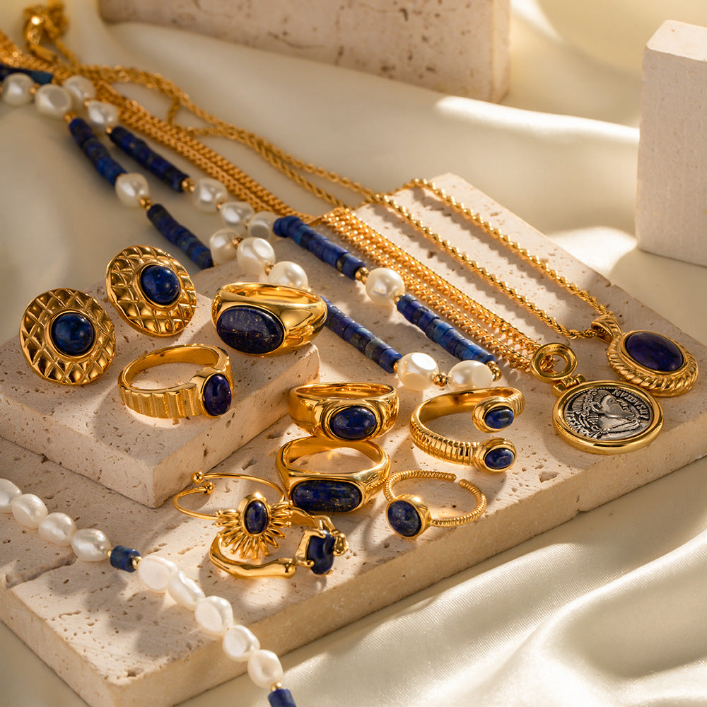 Vintage Palace-Style Titanium Steel Necklace with Geometric Pendant Featuring Lapis Lazuli Inlay and Plated Finish