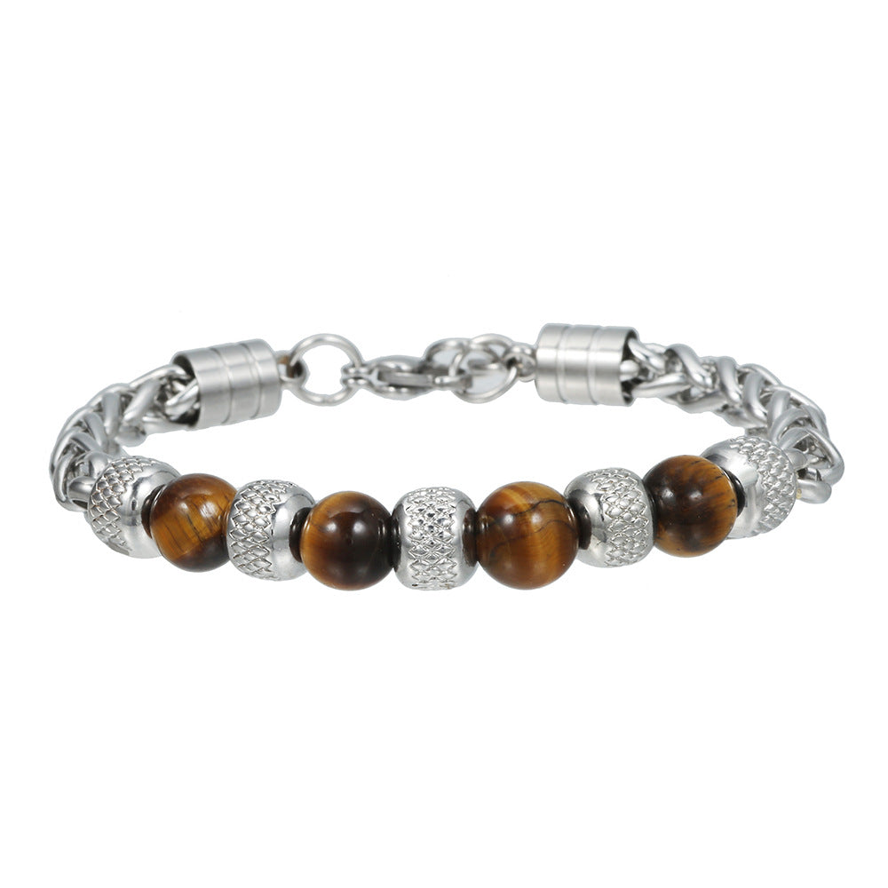 Men's Natural Tiger's Eye and Lapis Lazuli Beaded Bracelet Stainless Steel Geometric Round Stone Jewelry