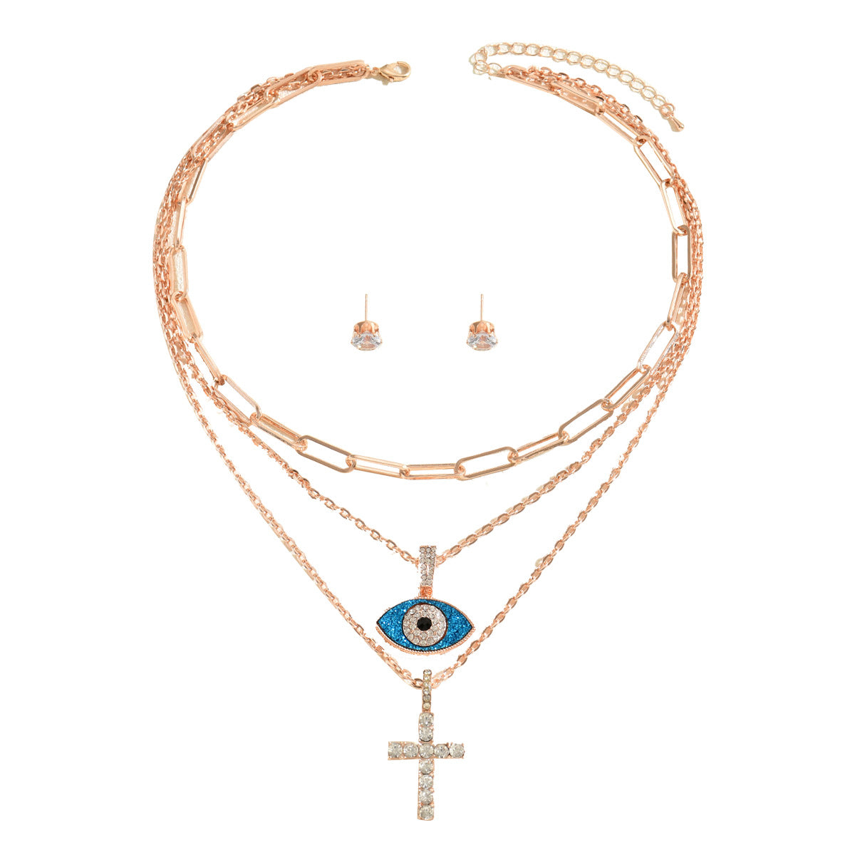 Collana pendente a croce minimalista con zirconi intarsiati e orecchini abbinati per donna