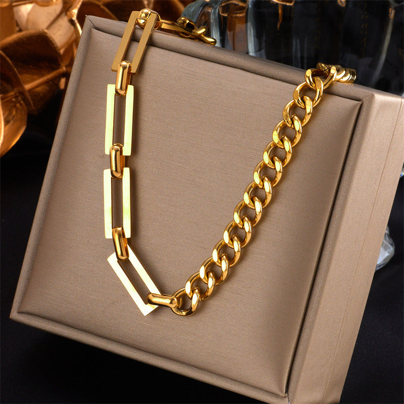 Punk Asymmetrical Titanium Steel Necklace with Heavy-Duty Chain Design for Women