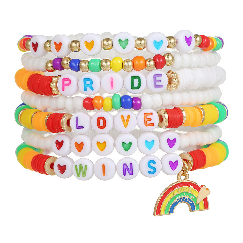 Streetwear Rainbow Gradient Heart Geometric Resin Acrylic Glass Bead Stretch Bracelet Set
