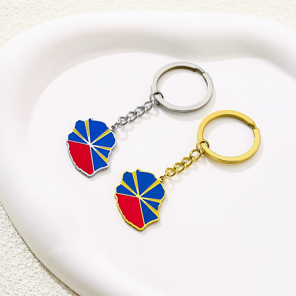 Llavero Colgante de Acero Inoxidable Esmaltado Estilo Étnico con Diseño de la Isla de Reunión Francesa