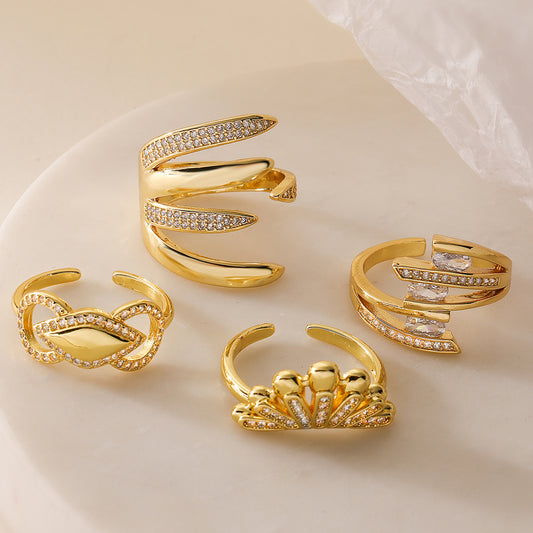 Geometric Open Ring for Women Made of Brass with 18K Gold Plating and Zircon Inlay, Fashionable Minimalist Design