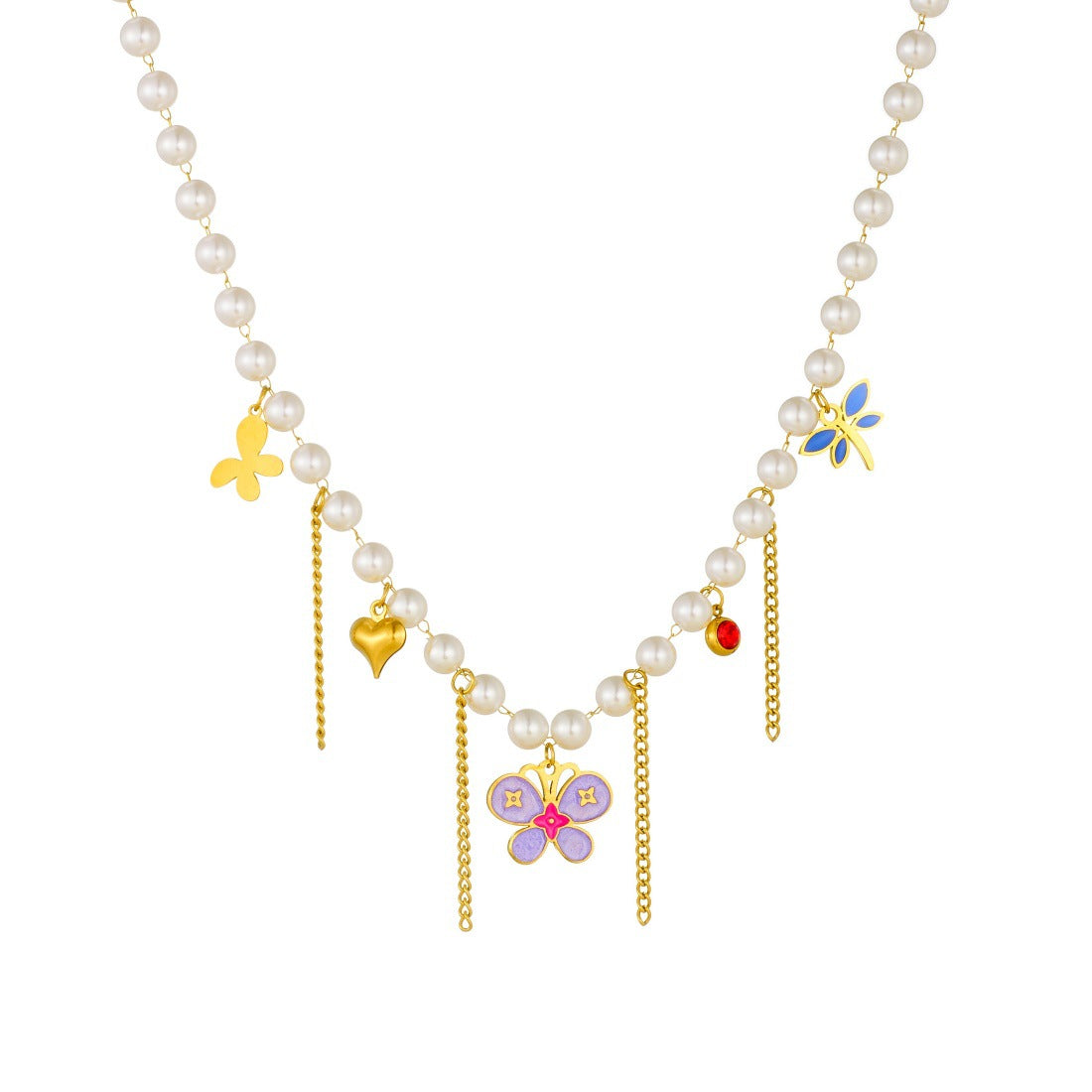 Casual Stainless Steel Plated Heart Butterfly Floral Pendant Ball Chain Necklace with Tassel and Faux Pearl