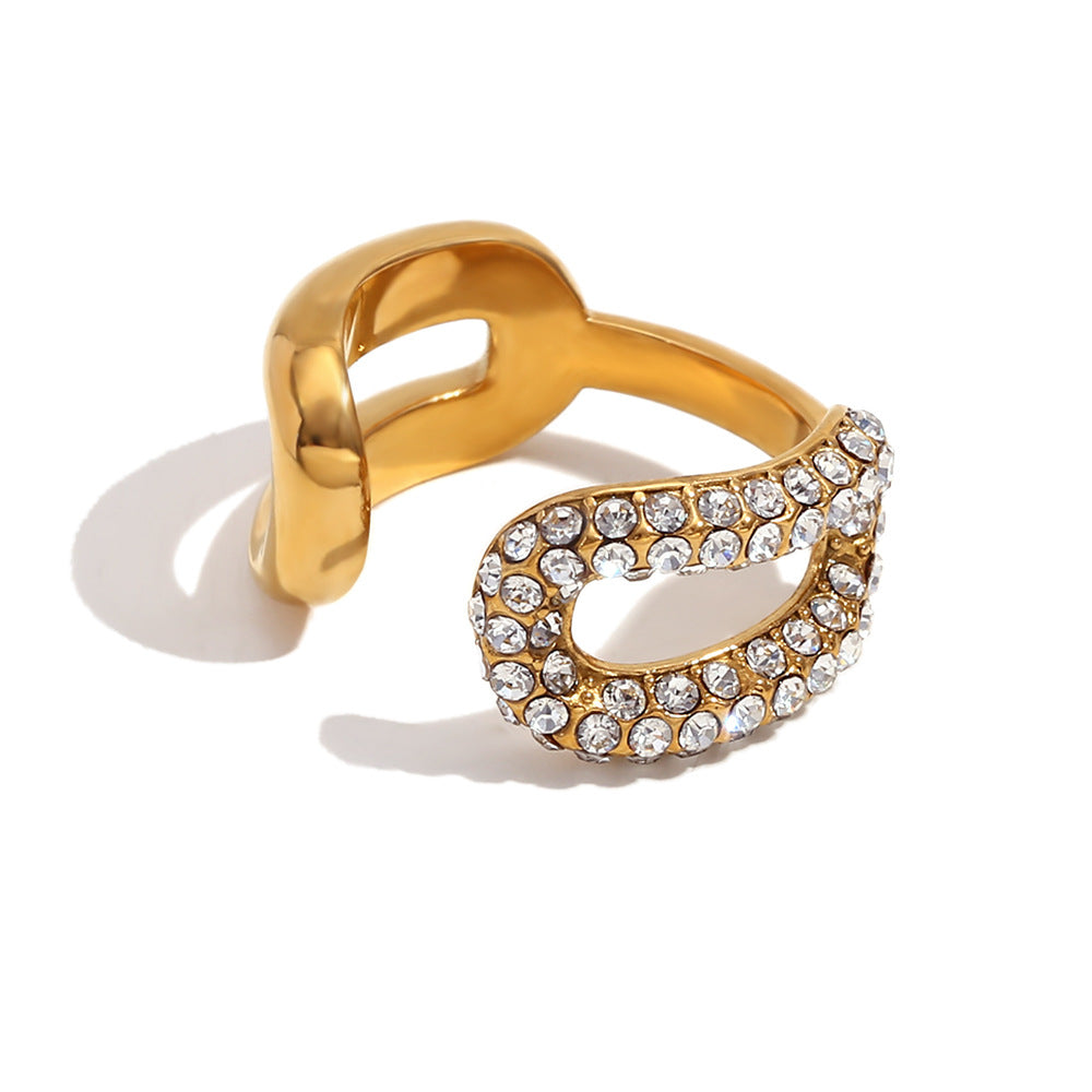 Anello da donna in acciaio inossidabile con design geometrico minimalista, placcatura in oro 18 carati e strass micro-pavé