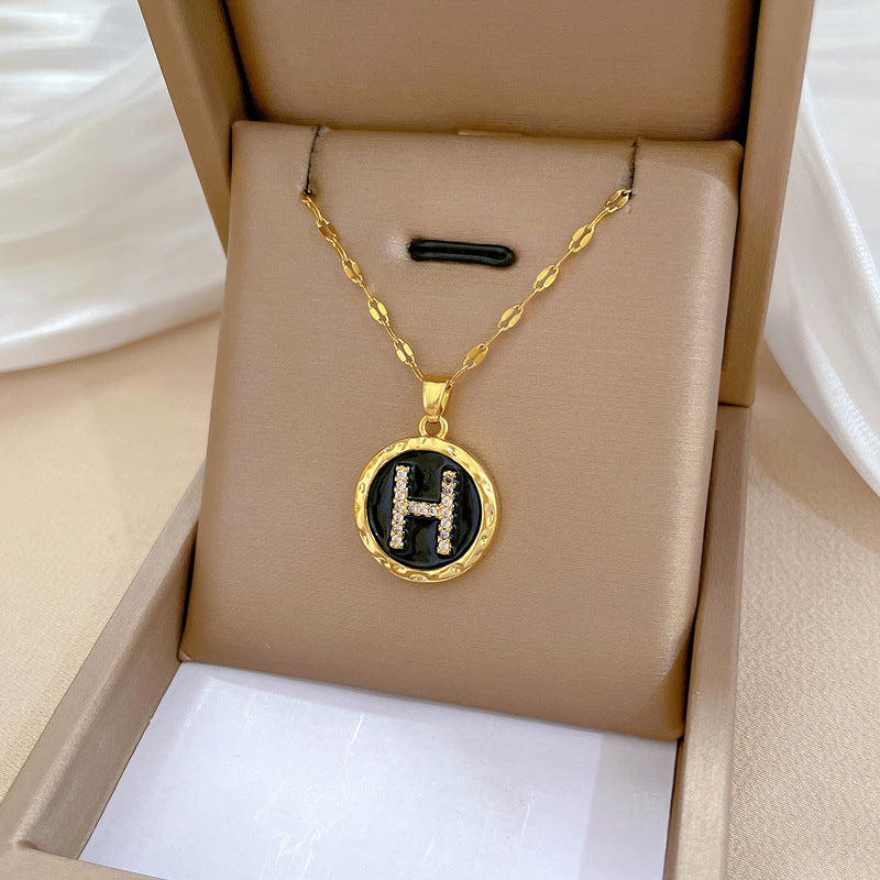 Minimalist Geometric Titanium Steel Plated Necklace and Earrings Set with Enamel Letter Design for Women