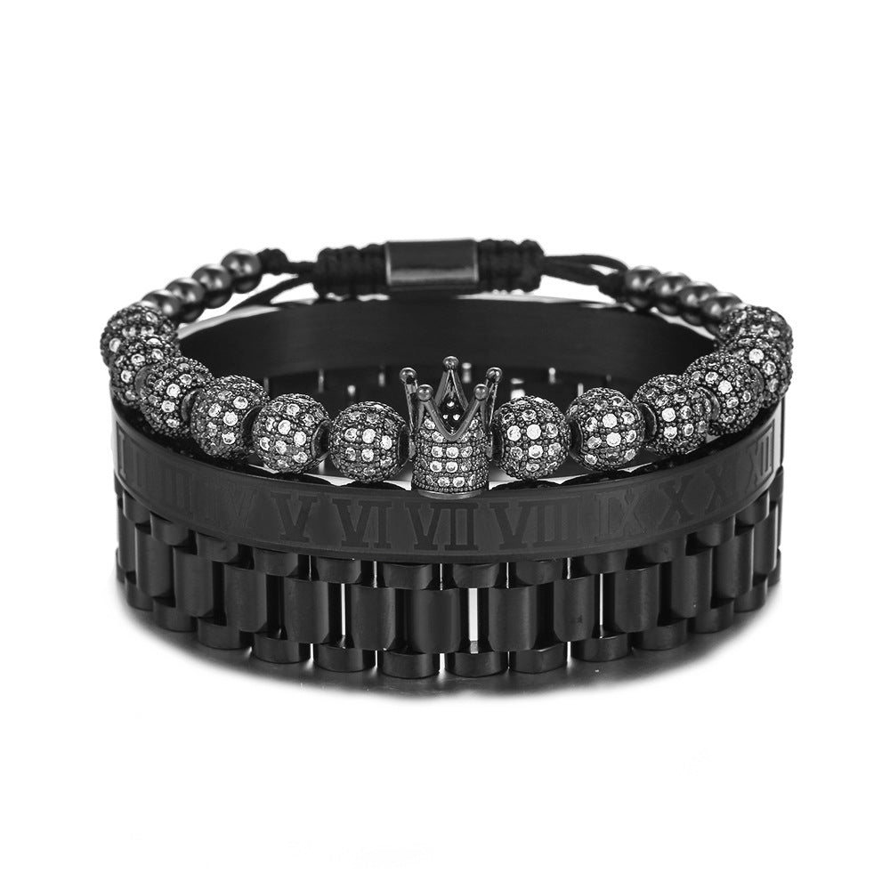 Vintage Hip-hop Crown Letter Braided Cubic Zirconia Titanium Steel Bracelet Set