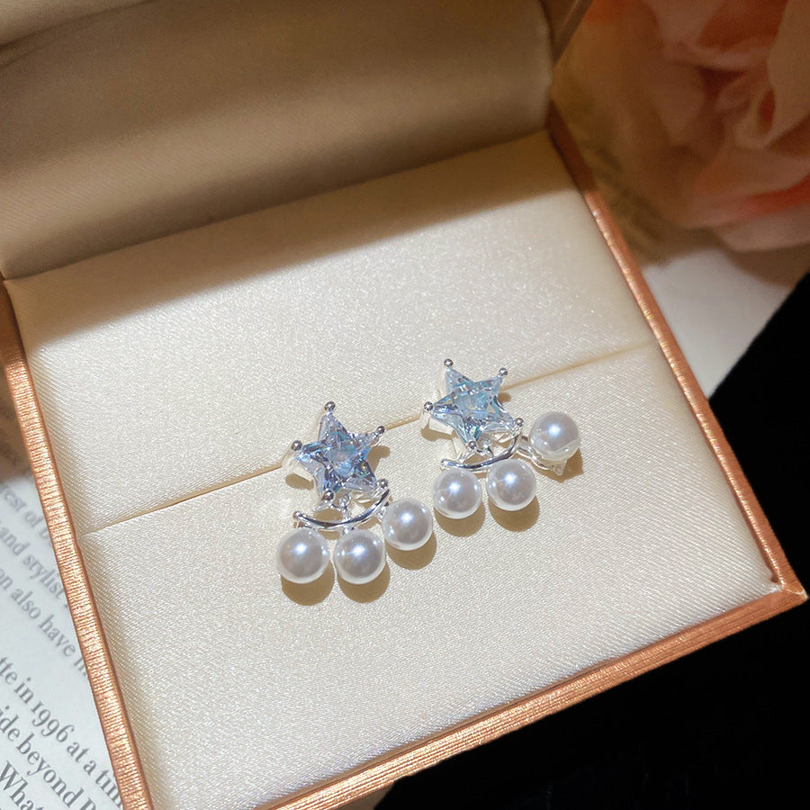 Pendientes de perlas con forma de estrella, elegantes y retro, con incrustaciones de circonita para mujer, joyería de oreja minimalista y ligera para la oficina