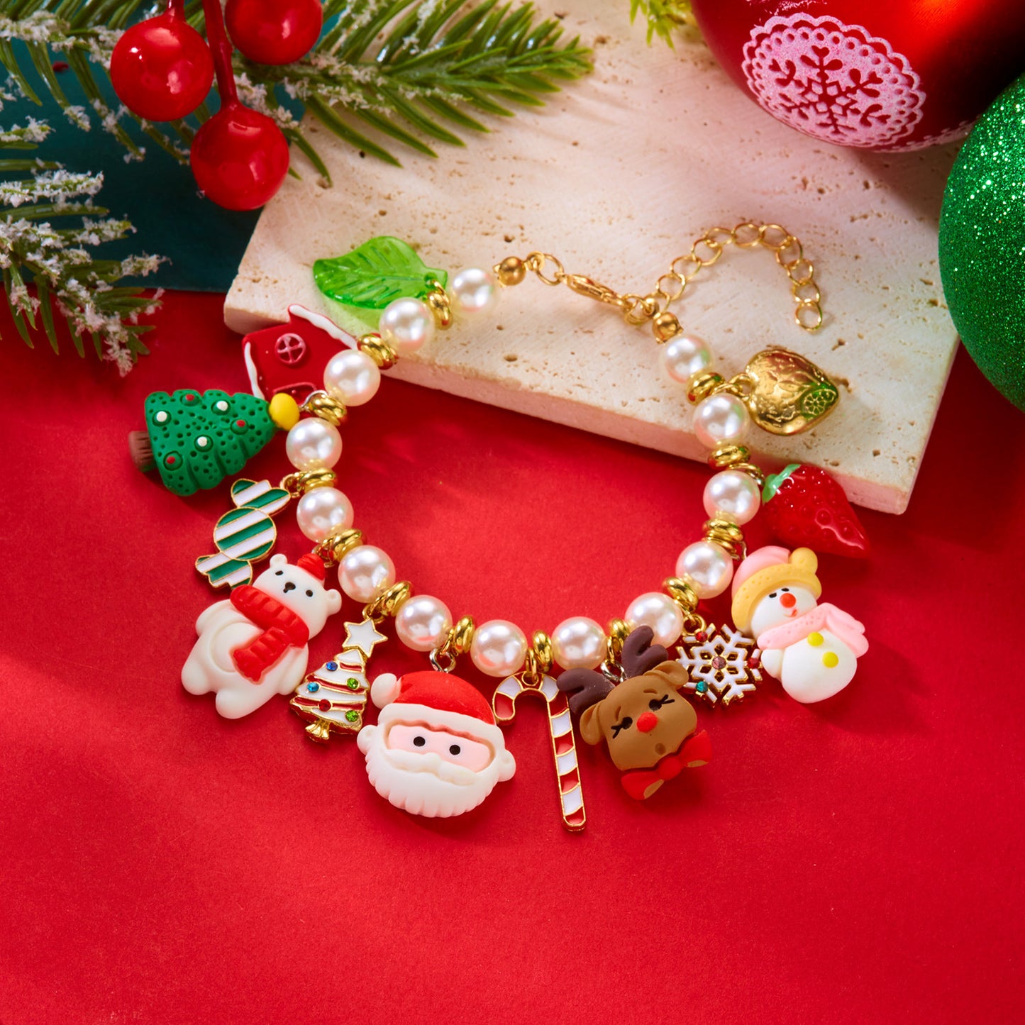 Handmade Christmas Themed Beaded Bracelet for Women Featuring Santa Claus Snowflake and Candy Cane Charms Zinc Alloy Geometric Style Festive Gift