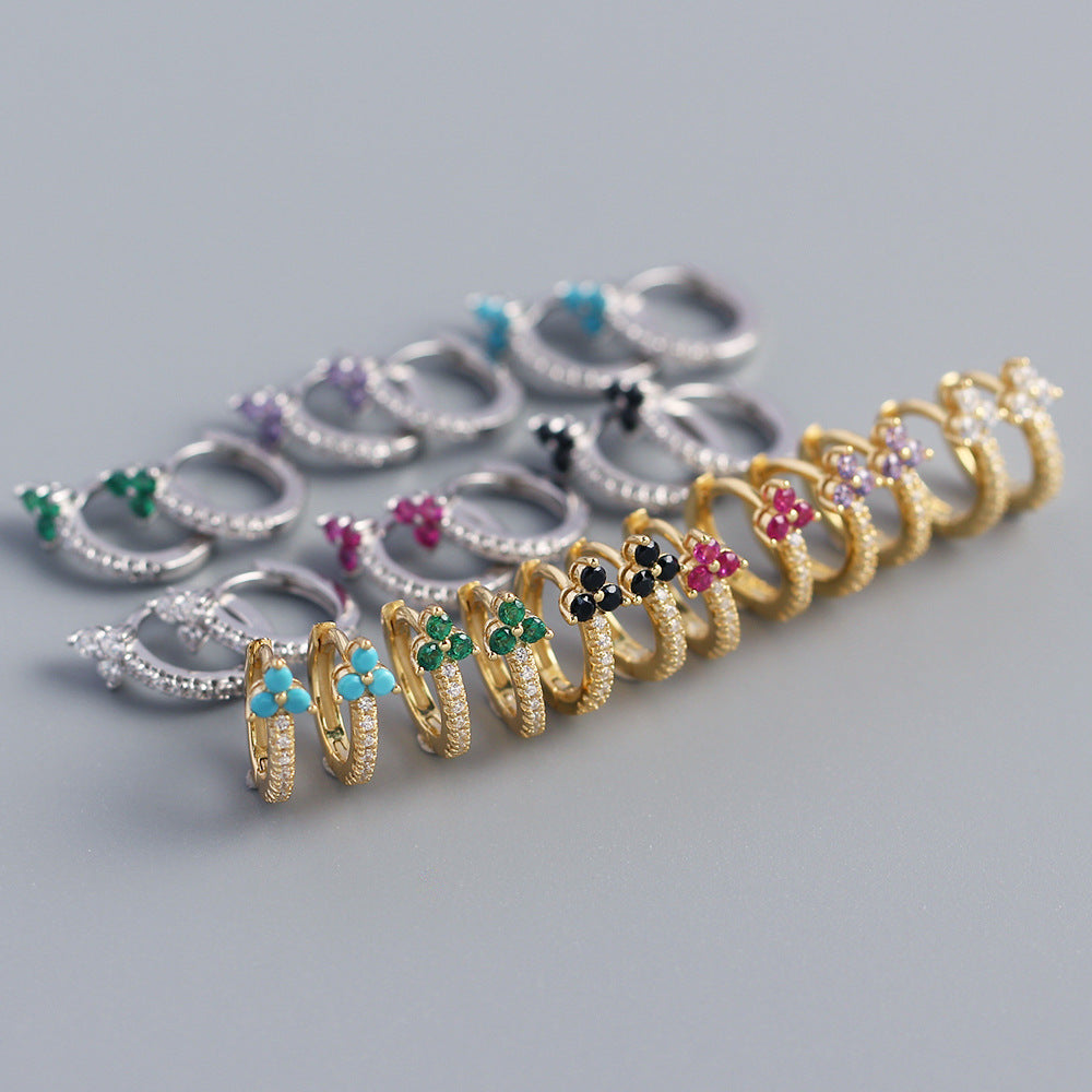 Luxury 925 Sterling Silver Floral Inlay Diamond Earrings