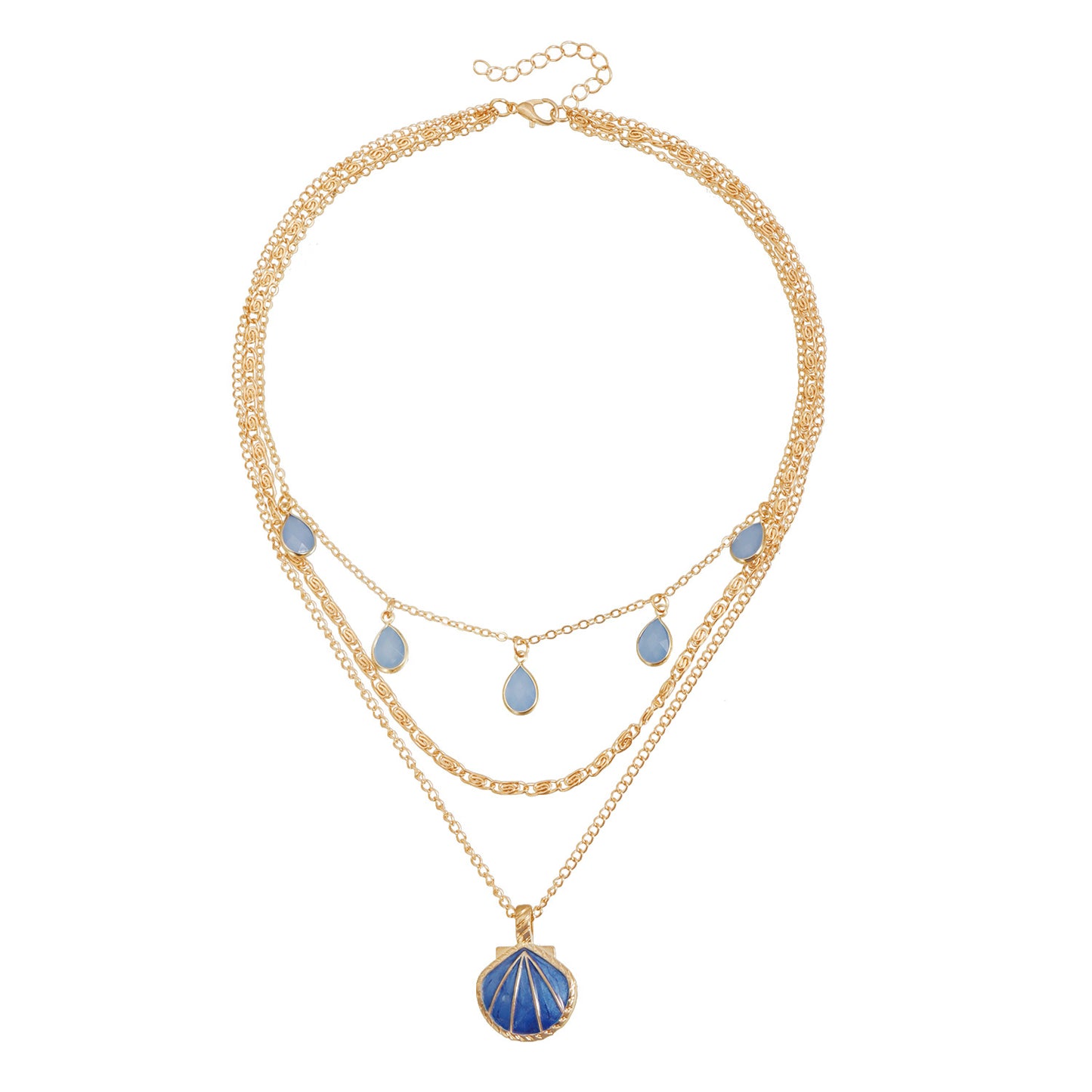 Vintage Blue Drip Oil Shell Geometric Teardrop Alloy Necklace for Women Layered Cable Chain