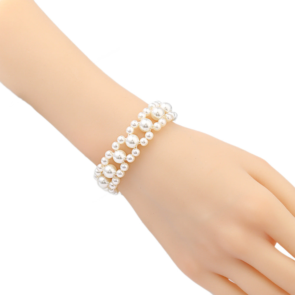 Minimalist Luxe Handmade Pearl Bracelet Earrings Necklace Set for Women Multi-Layer Stackable Jewelry with Plated Finish and Wave Motif