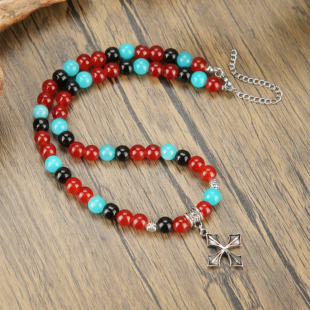 Bohemian Geometric Cross Agate Gemstone Glass Bead Ball Chain Necklace Unisex Handmade