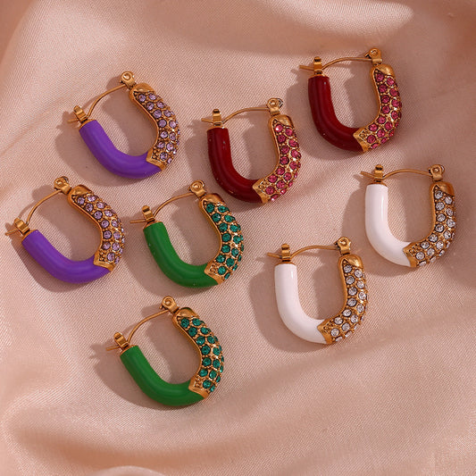 Orecchini da donna alla moda minimalisti a U in acciaio inossidabile placcato oro con zirconi micro-pavé e smalto