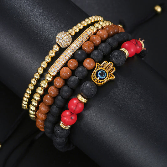 Vintage Geometric Evil Eye Palm Beaded Bracelet Set with Cubic Zirconia and Stone Accents