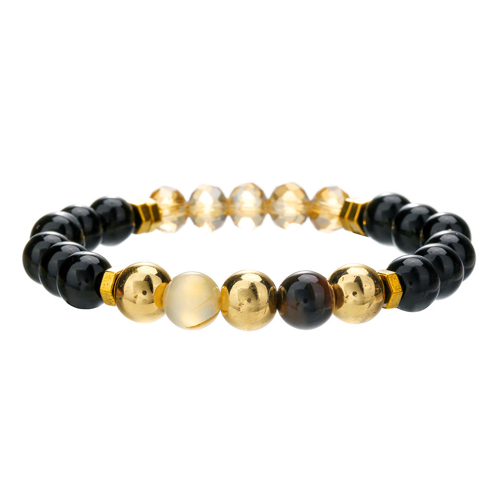 Vintage Bohemian Geometric Black Agate Yellow Crystal Tiger Eye Beaded Energy Bracelet for Unisex