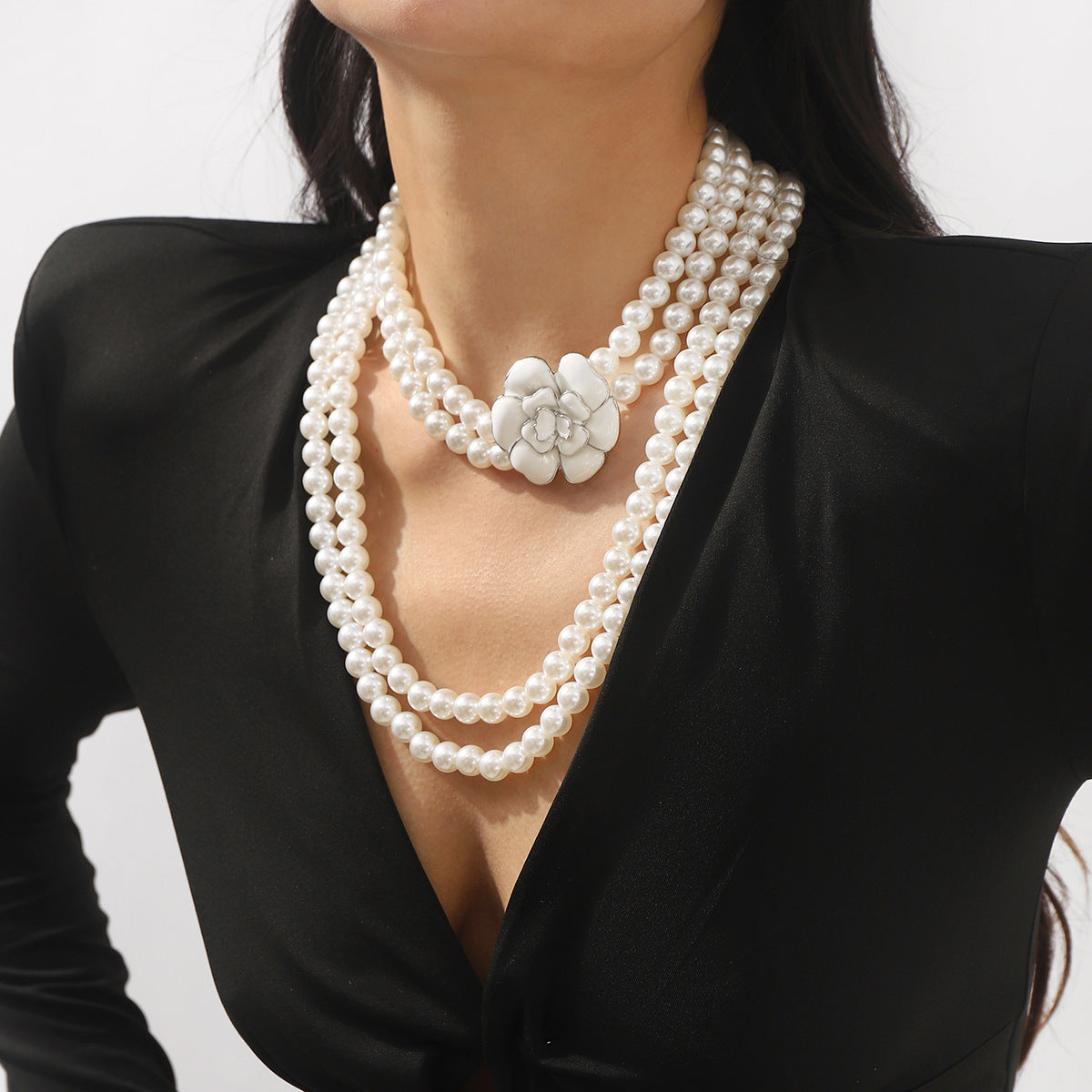 Fashionable Camellia Flower Pendant Necklace with Simulated Pearls and Alloy, Enamel Finish, Long Layered Sweater Chain for Women