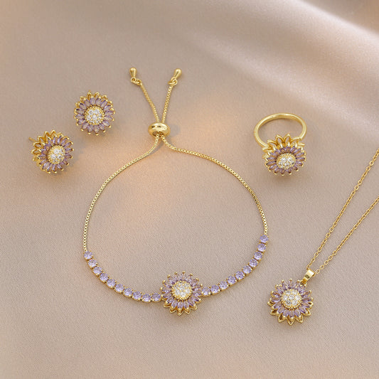 Collana Minimalista con Ciondolo a Girasole per Donna con Design Floreale in Zirconia, Catena a Serpente in Acciaio al Titanio, Ciondolo Girevole, Stile Lusso Leggero