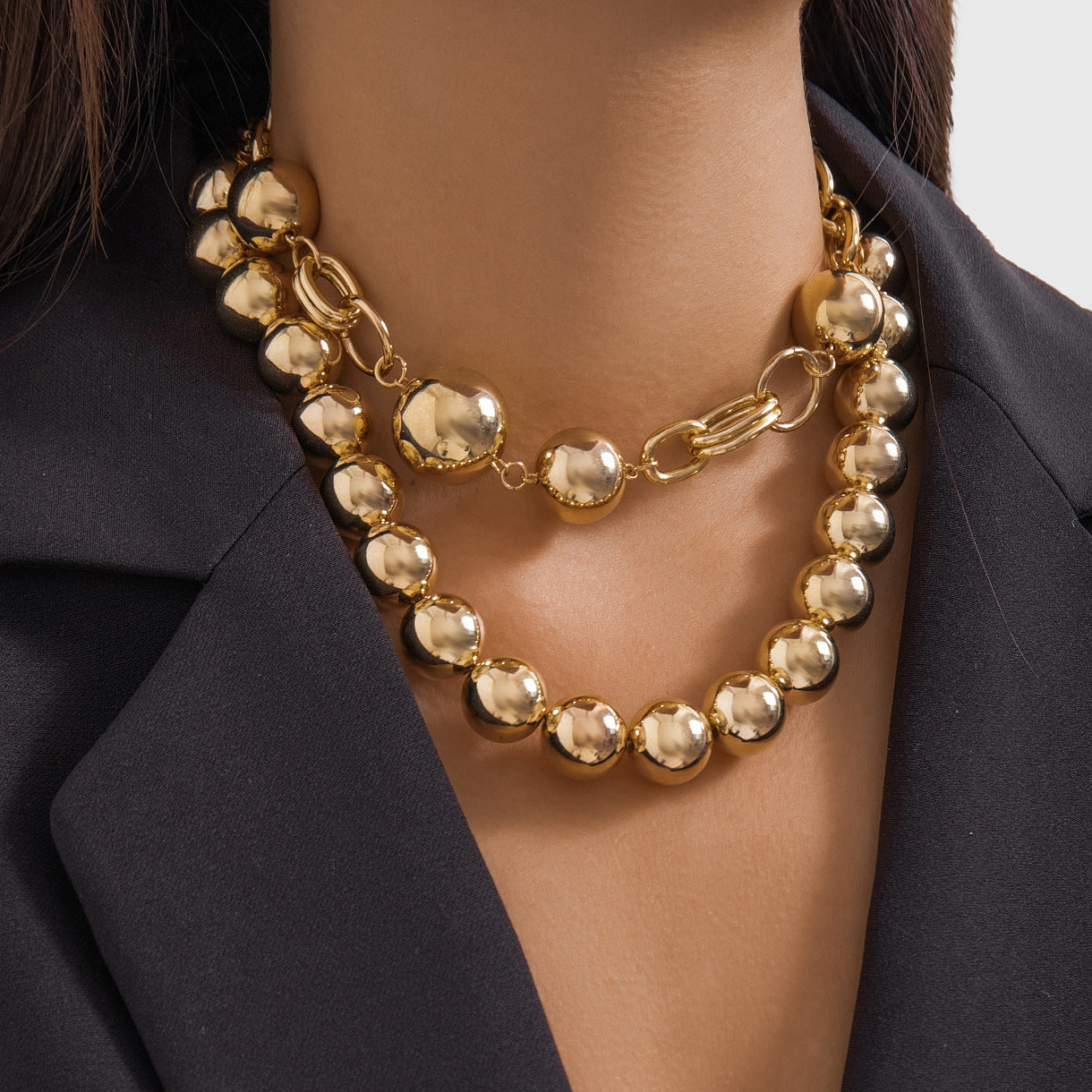 Collar de doble capa estilo perla geométrica minimalista con acabado chapado para mujer