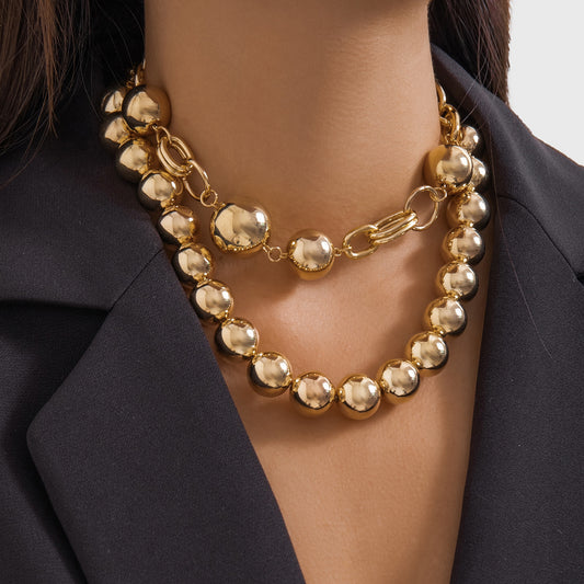 Collar de doble capa estilo perla geométrica minimalista con acabado chapado para mujer