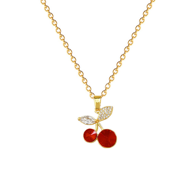 Collar de Acero Inoxidable con Forma de Cereza de Dibujos Animados con Incrustaciones de Pedrería para Mujer, Delicada Cadena de Clavícula de Estilo Fresco y Dulce