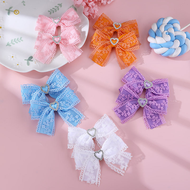 Horquilla de tela en forma de lazo estilo natural para niñas con detalles de volantes y malla, horquilla de pico de pato con temática de princesa