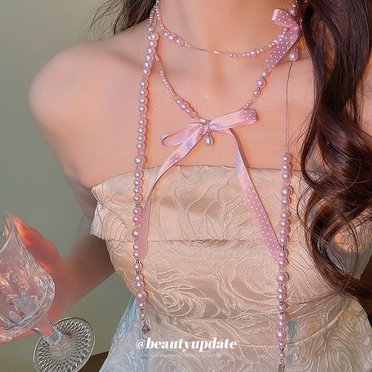 Elegante collar con colgante de lazo de diamantes de imitación de estilo francés con detalles de perlas de imitación, delicada cadena de suéter para mujer, uso diario minimalista y chic