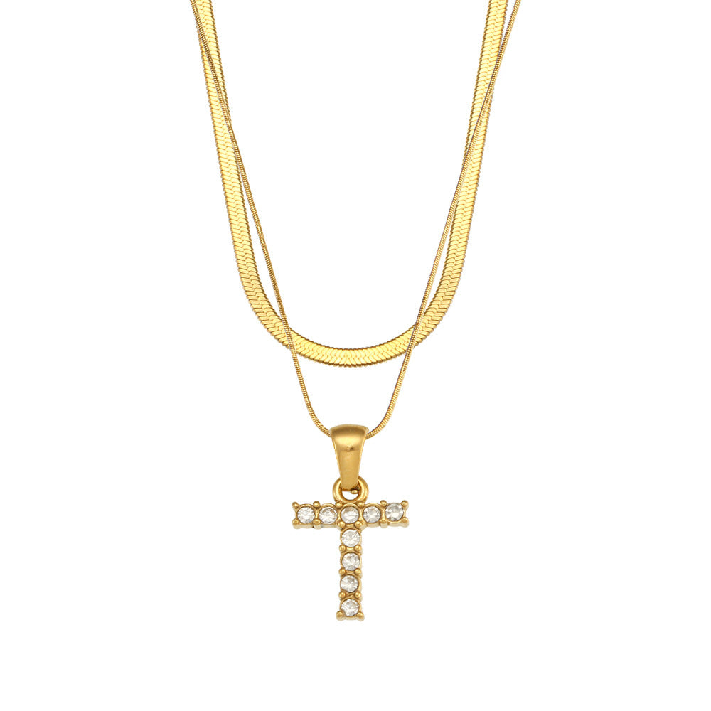 Fashionable Minimalist Letter Pendant Necklace in Stainless Steel with 18K Gold Plating and Cubic Zirconia on Double Snake Chain for Women