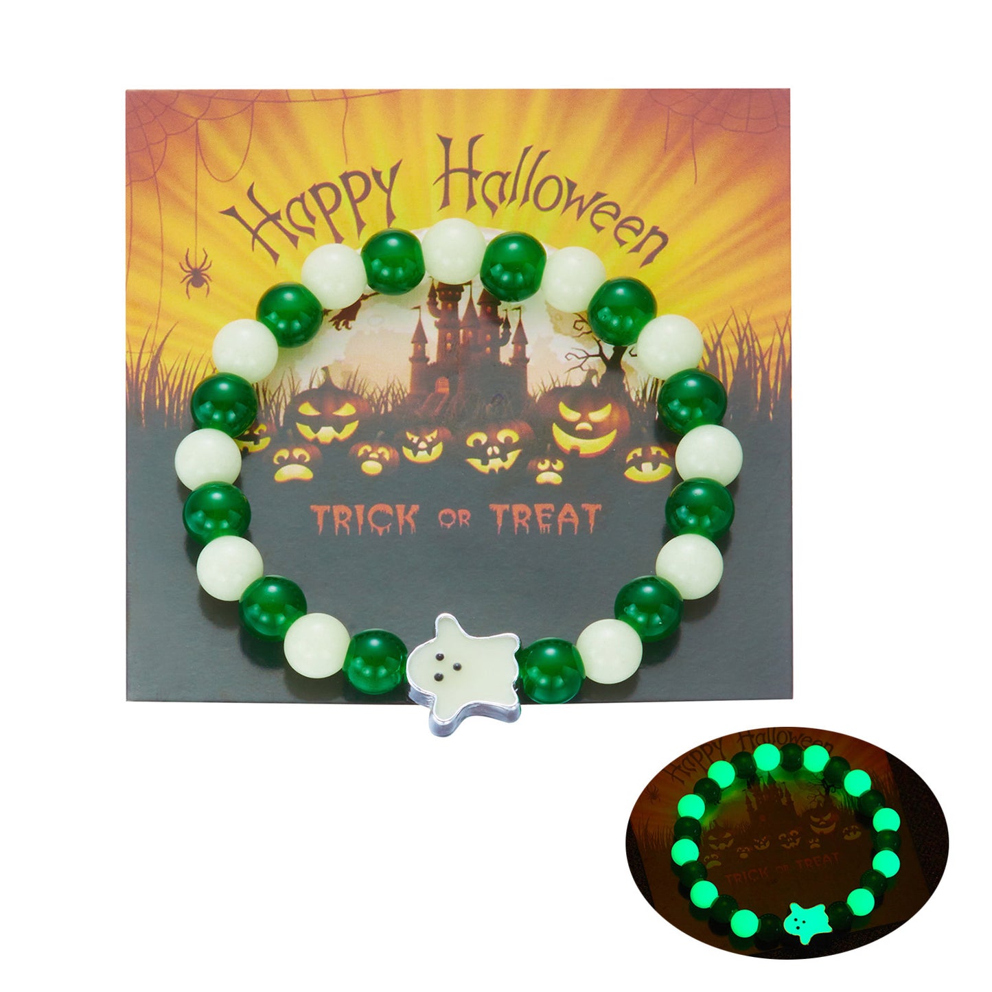 Pulsera de aleación con cuentas de calabaza y fantasma que brillan en la oscuridad para Halloween, con estilo lindo y atrevido para hombres y mujeres