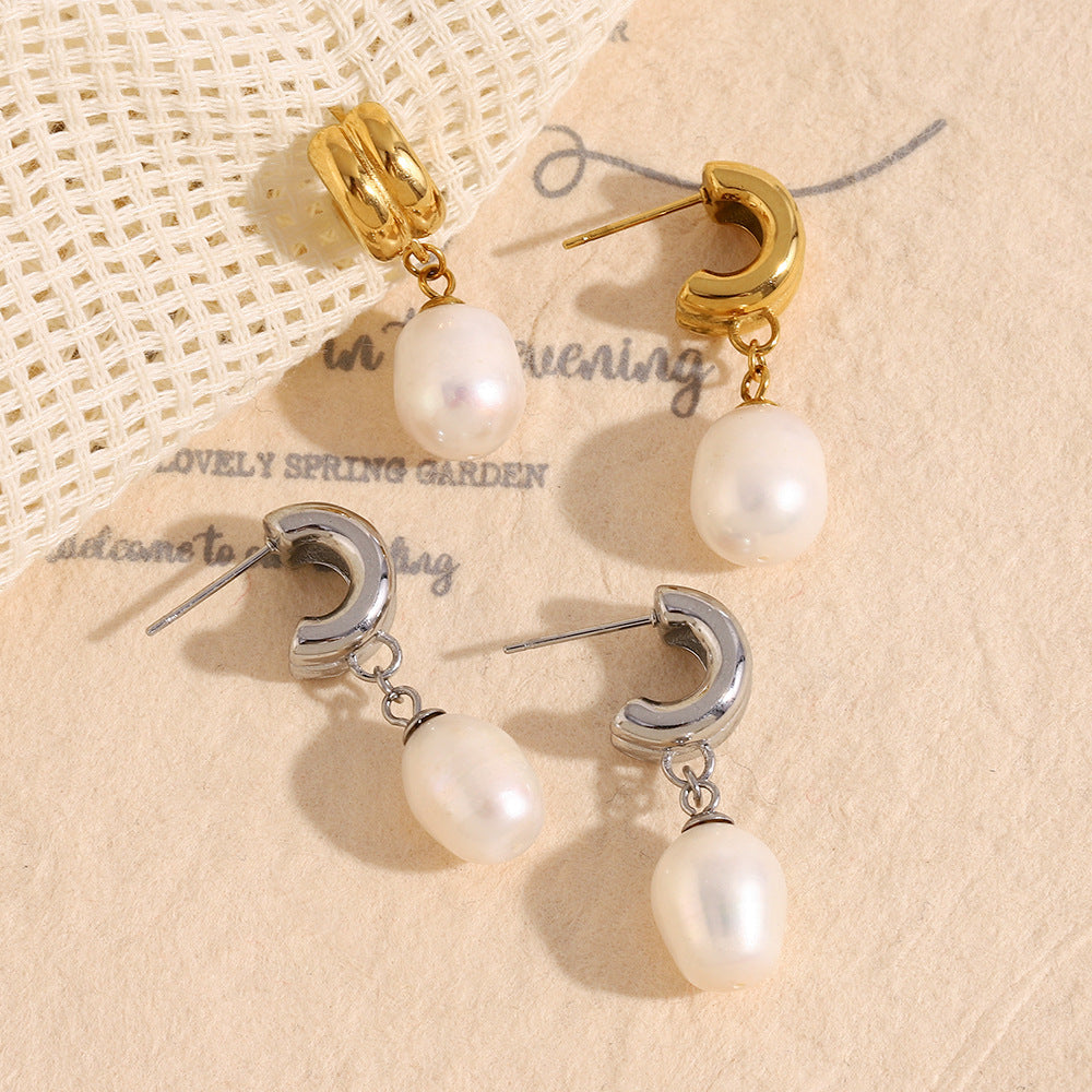 Minimalist Vintage Geometric Stainless Steel 18K Gold Plated Pearl Stud Earrings for Women