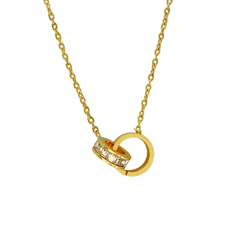 Luxury Geometric Interlocking Ring Diamond Inlay Plated Titanium Steel Necklace for Women and Men