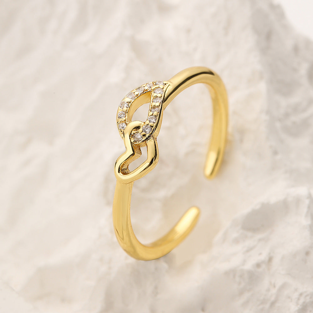 Anello aperto geometrico minimalista da donna in rame con placcatura in oro 18 carati e intarsio di zirconi