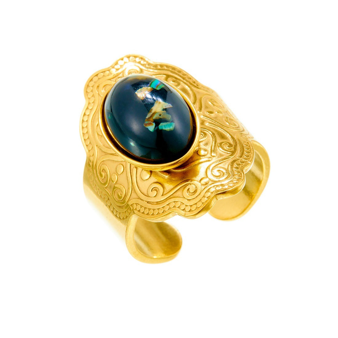 Vintage Gold Plated Geometric Oval Stainless Steel Ring with Pearl and Gemstone Inlay