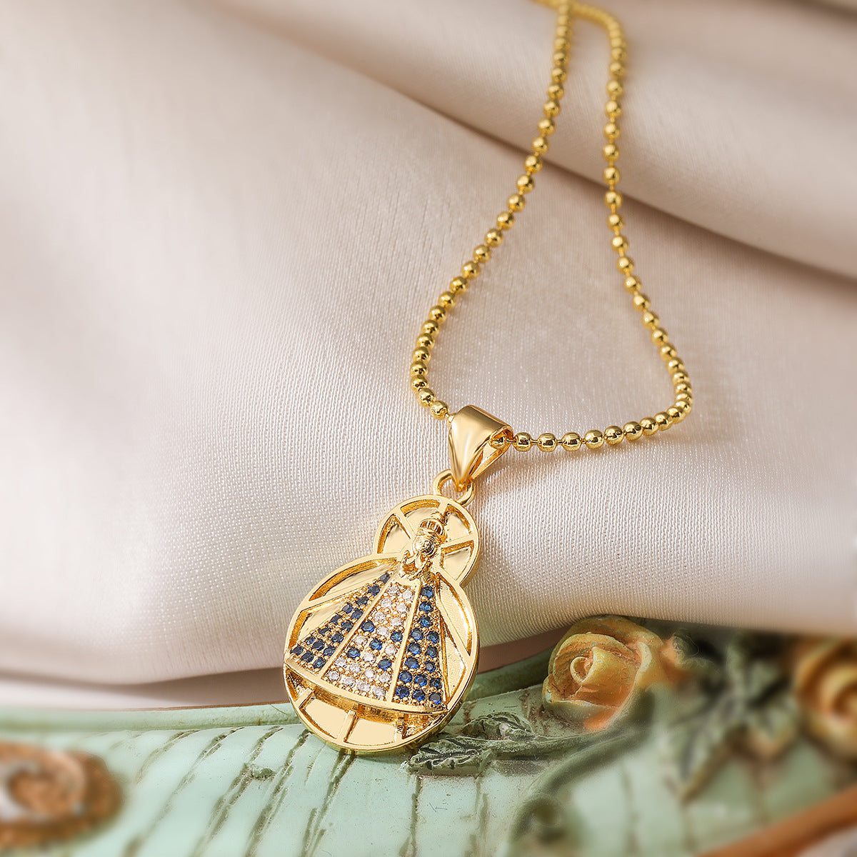 Minimalist Irregular Geometric Virgin Mary Pendant Necklace in Copper with 18K Gold Plating and Zircon Accents for Women