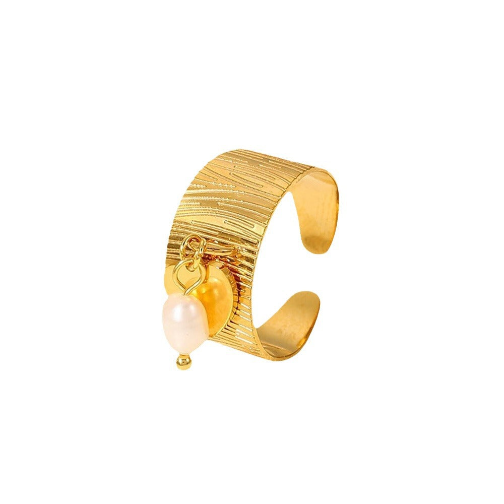 Trendy 18K Gold Plated Stainless Steel Open Ring with Freshwater Pearl Star and Heart Pendant for Women