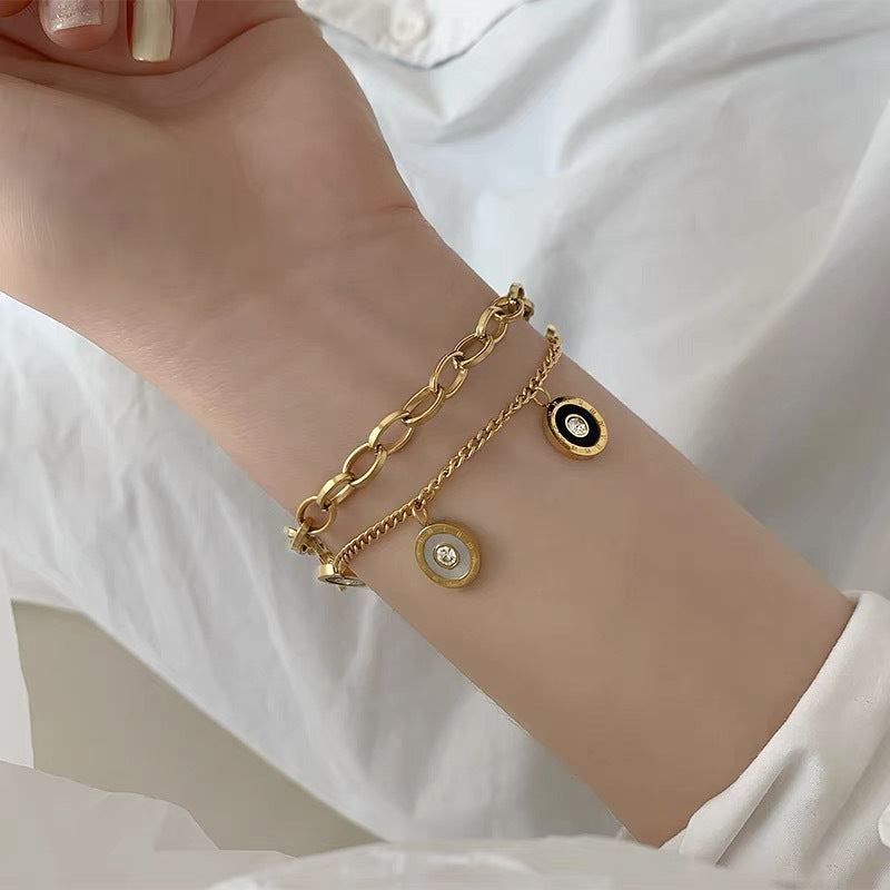 Sweet and Cool Style Geometric Titanium Steel Plated Black and White Shell Bracelet for Women
