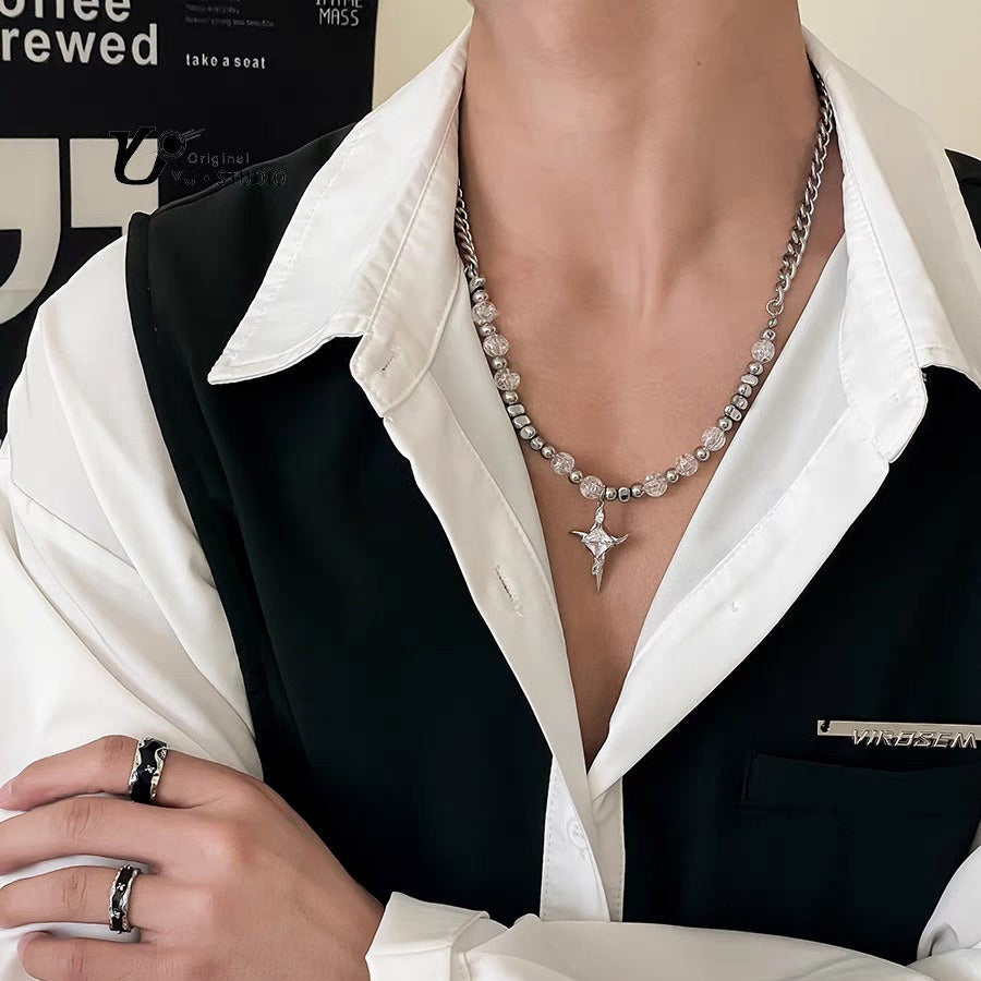 Collar con colgante de cruz minimalista de acero de titanio geométrico con detalle de cuenta agrietada para unisex, acabado pulido