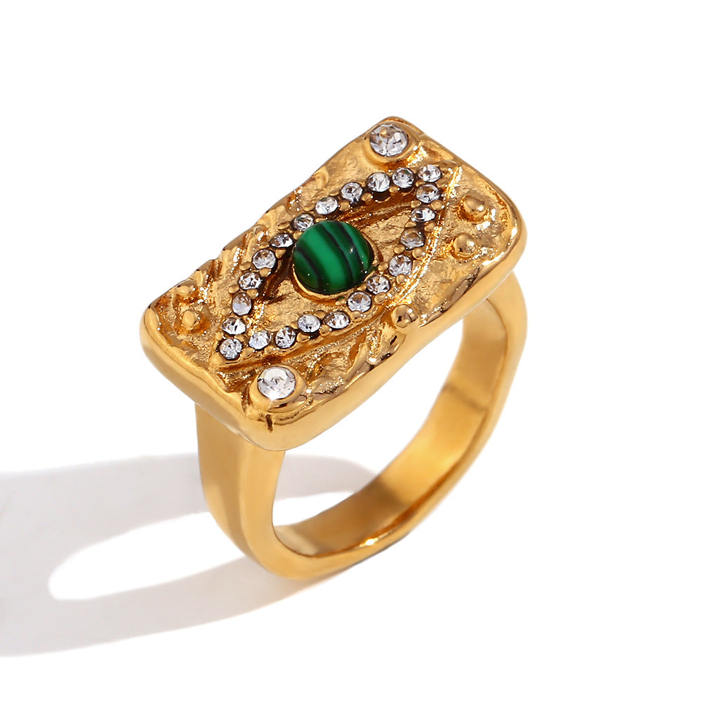 Collana minimalista con pendente geometrico a forma di occhio in malachite e zirconi in acciaio al titanio placcato oro da donna