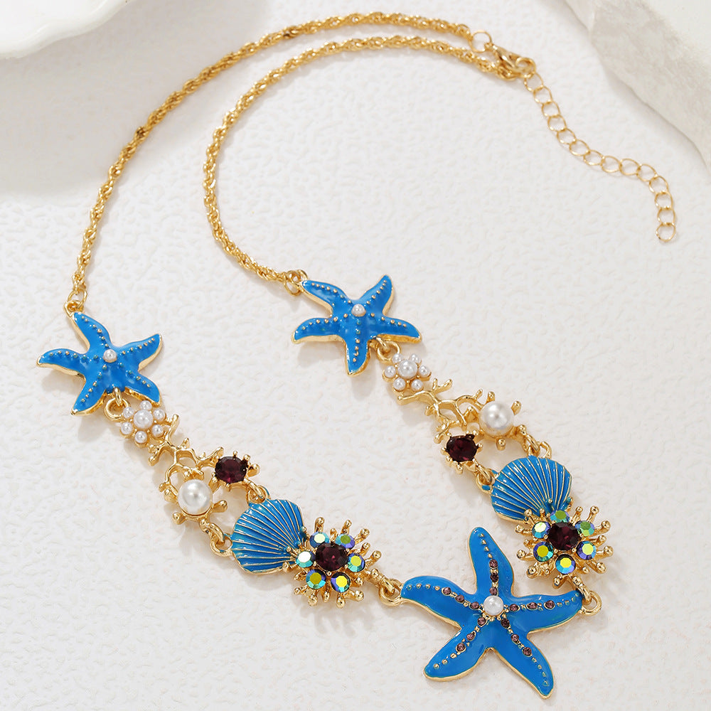 Sweet Colorful Drip Oil Alloy Starfish Shell Pearl Pendant Necklace for Women