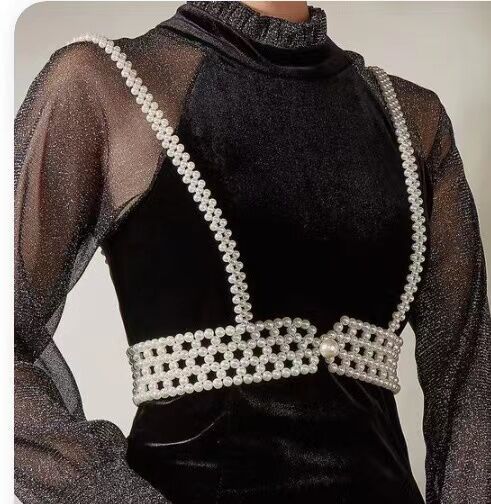 Geometric Style Handwoven Body Chain with Imitation Pearl Accents for Women