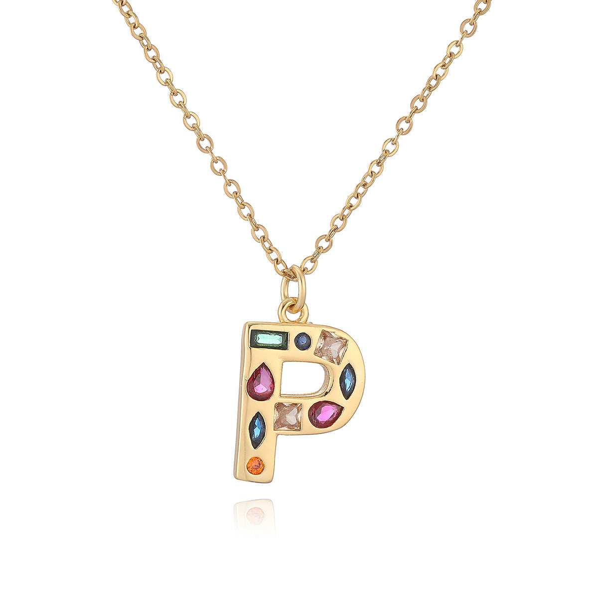 Minimalist Letter Shape Copper Pendant Necklace with 18K Gold Plating and Colored Zircon Inlay for Women