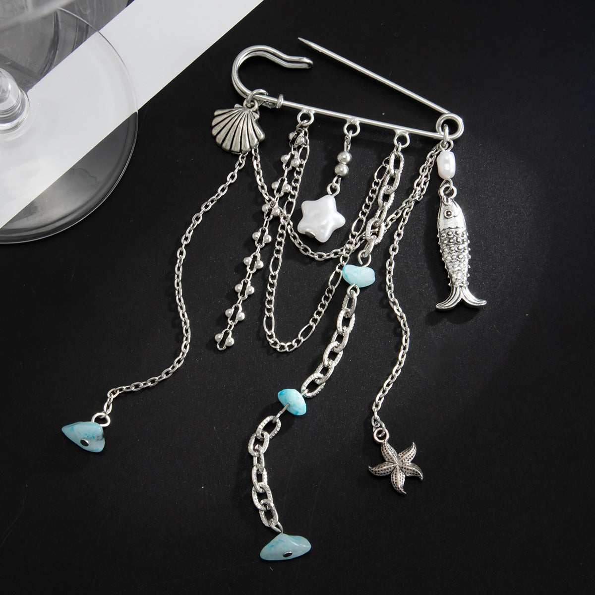 Personalized Star Shape Iron Plated Brooch with Turquoise and Shell Tassel Charm Bar