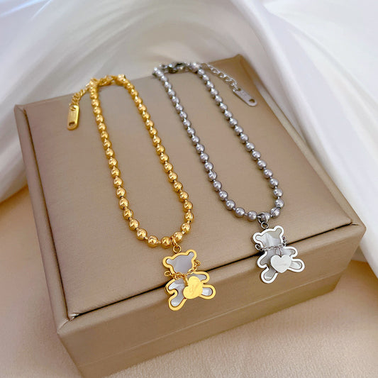 Pulsera Minimalista Vintage Corazón Oso Concha para Mujeres y Hombres de Acero Titanio Cadena de Caja con Baño de Oro Patrón de Frijol Ondulado