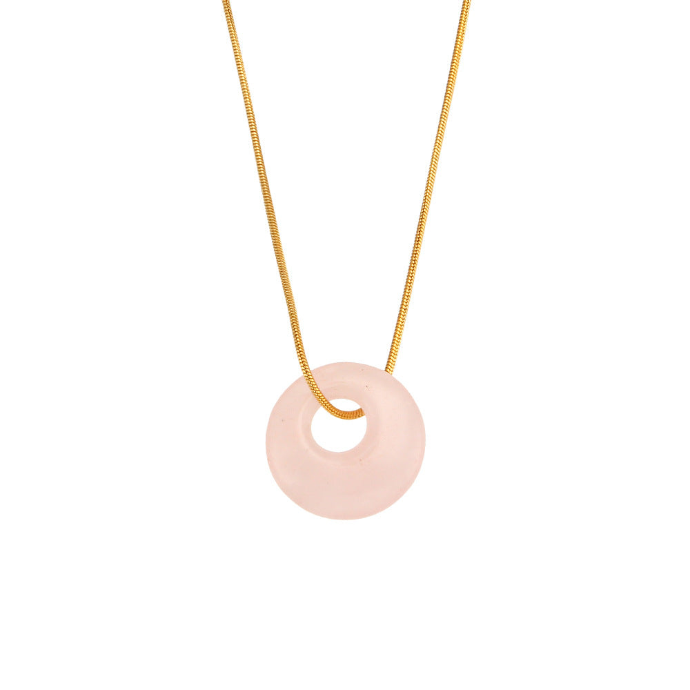 Minimalist Geometric Round Natural Stone Pendant Necklace in Stainless Steel with Plating Finish for Women