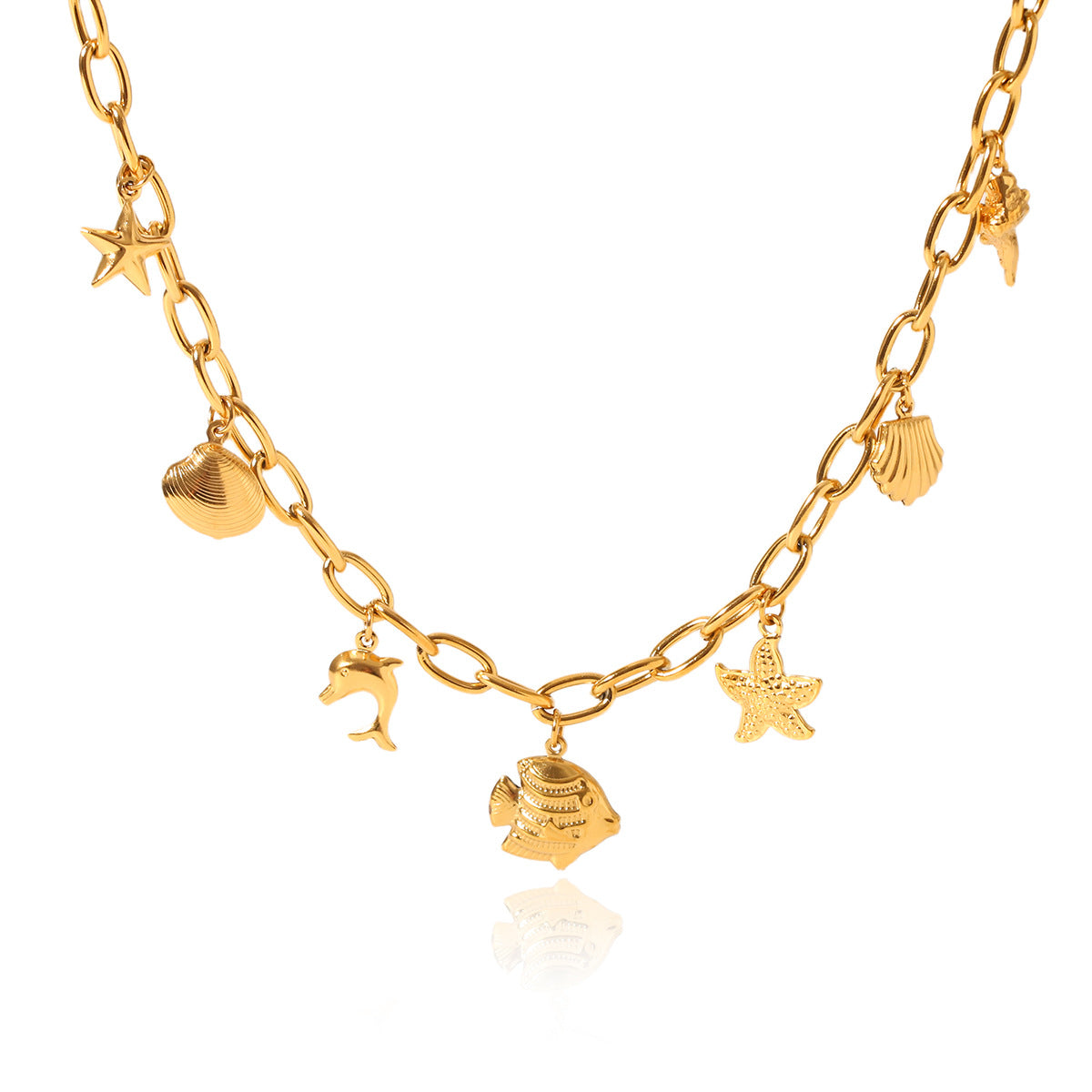 Minimalist Ocean-Inspired Starfish Dolphin Seahorse Shell Pendant Necklace for Women in Titanium Steel with Plated Finish on Cross Chain