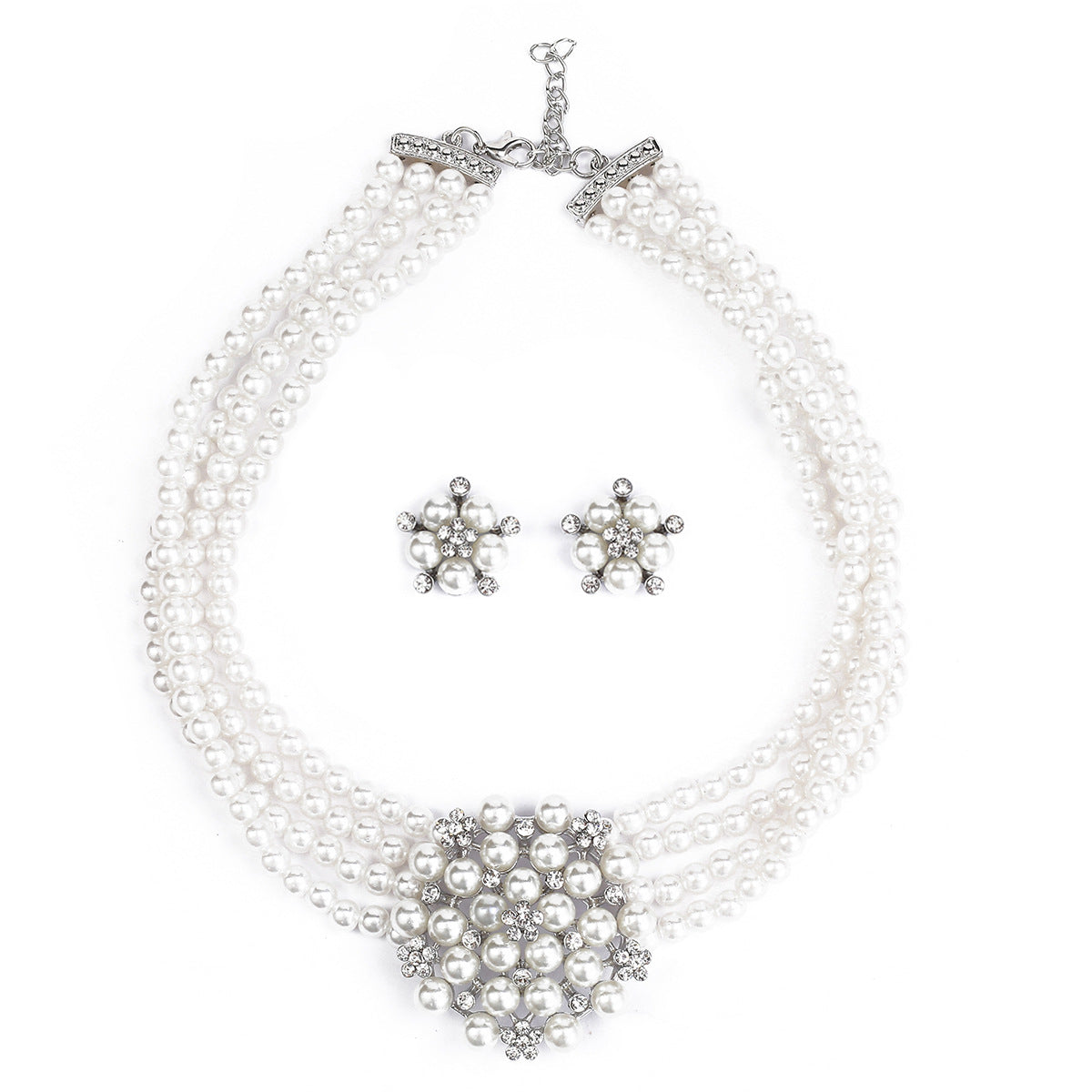 Elegant Floral Pearl Necklace and Earrings Set for Women Lightweight Luxury Style Multi-Strand Pearl Choker with Alloy Pendant and Beaded Construction