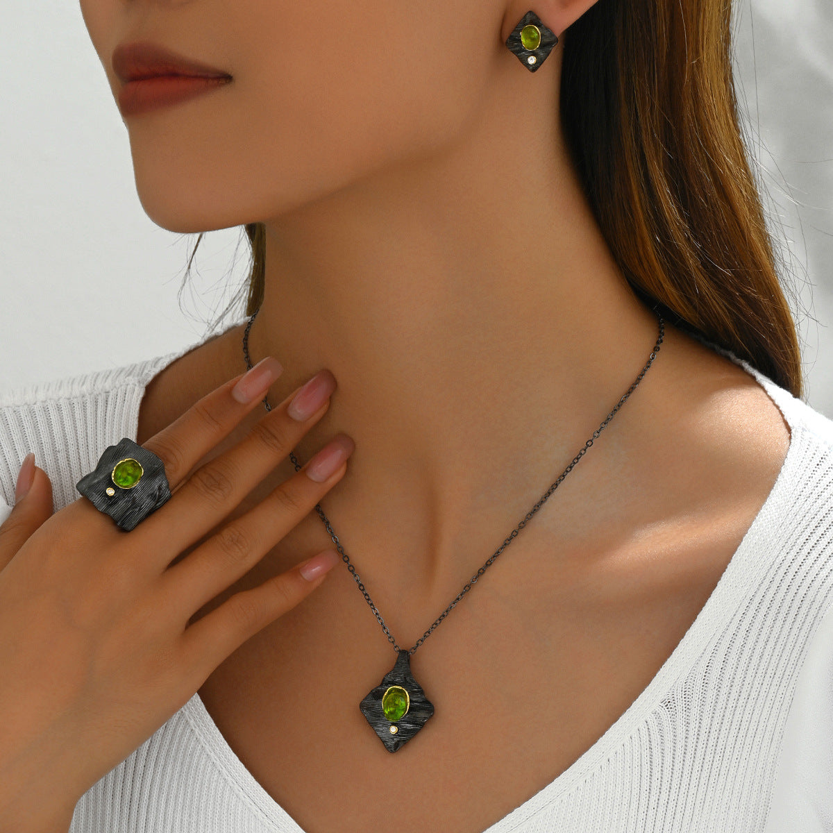 Conjunto de Anillo, Pendientes y Collar de Cobre con Circonita Irregular de Estilo Vintage para Mujer