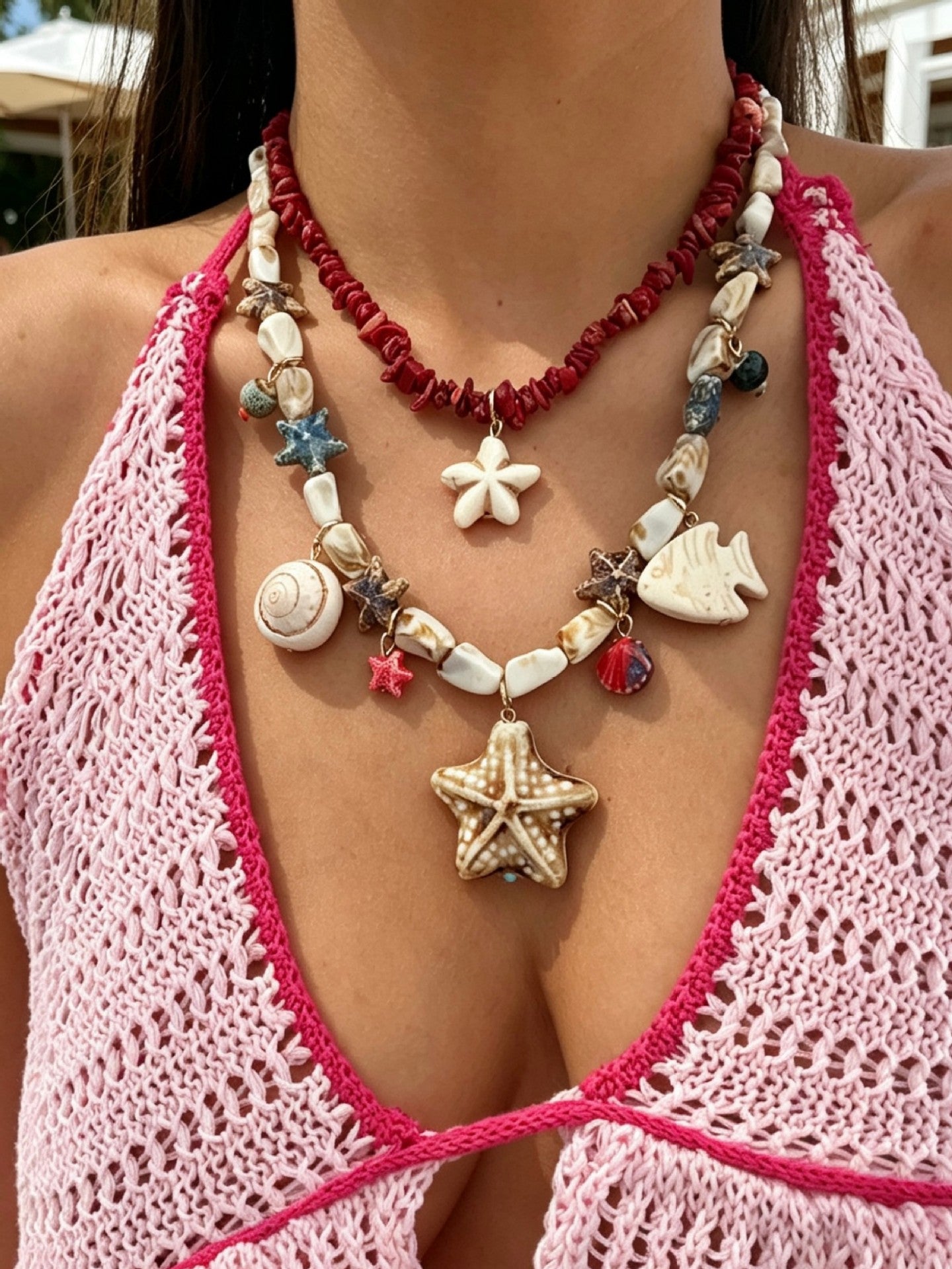 Casual Sweet Double Layer Starfish and Fish Pendant Alloy Necklace for Women